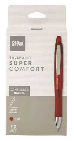 Office Depot® Brand Super Comfort Grip Retractable Ballpoint Pens, Medium Point, 1.0 mm, Red Barrels, Red Ink, Pack Of 12