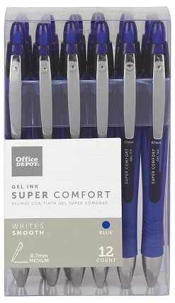 Office Depot® Brand Super Comfort Grip Retractable Gel Pens, Medium Point, 0.7 mm, Blue Barrel, Blue Ink, Pack Of 12