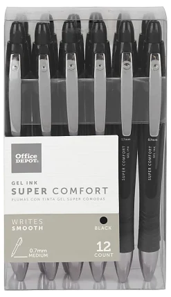 Office Depot® Brand Super Comfort Grip Retractable Gel Pens, Medium Point, 0.7 mm, Black Barrel, Black Ink, Pack Of 12