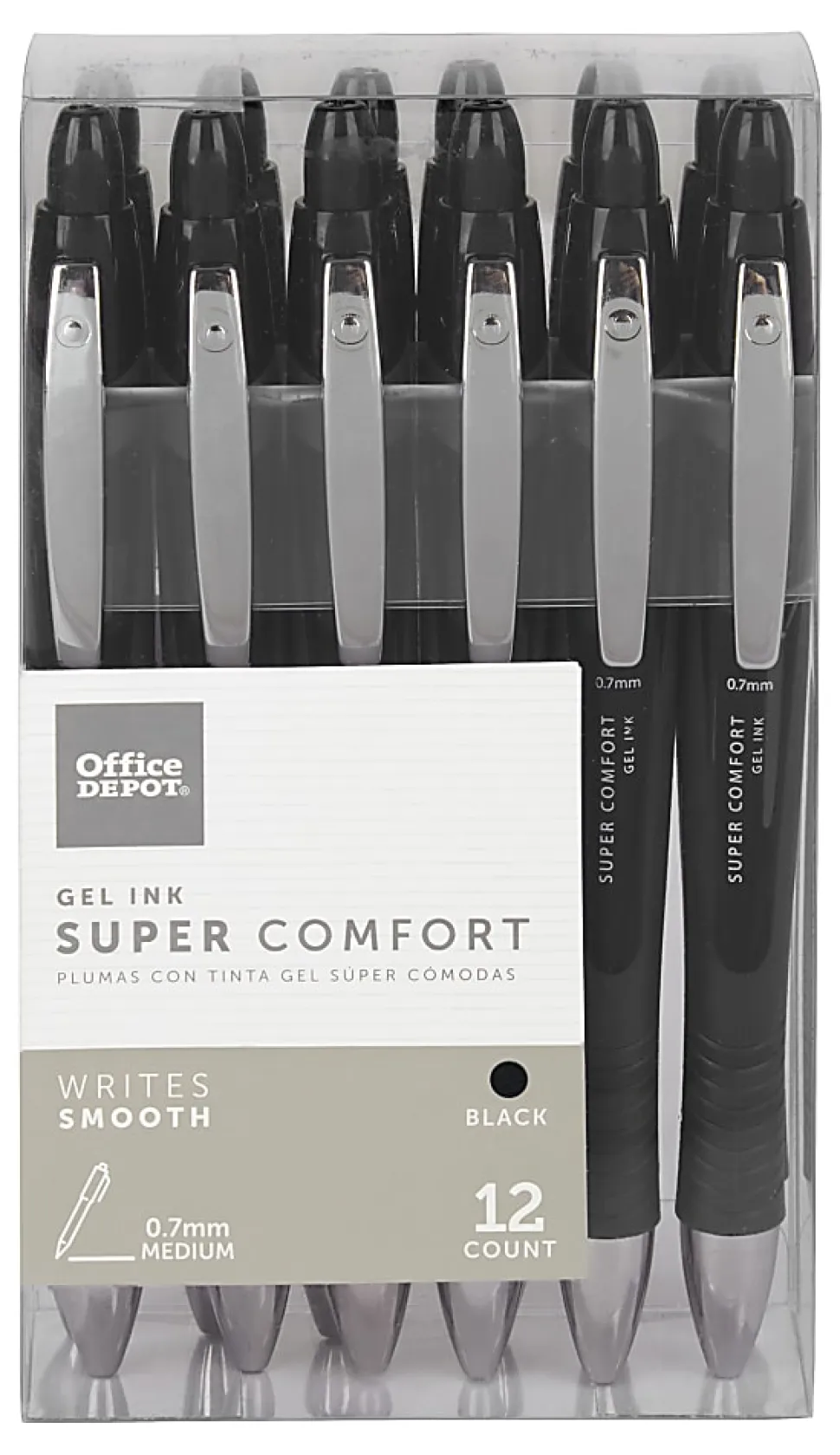 Office Depot® Brand Super Comfort Grip Retractable Gel Pens, Medium Point, 0.7 mm, Black Barrel, Black Ink, Pack Of 12