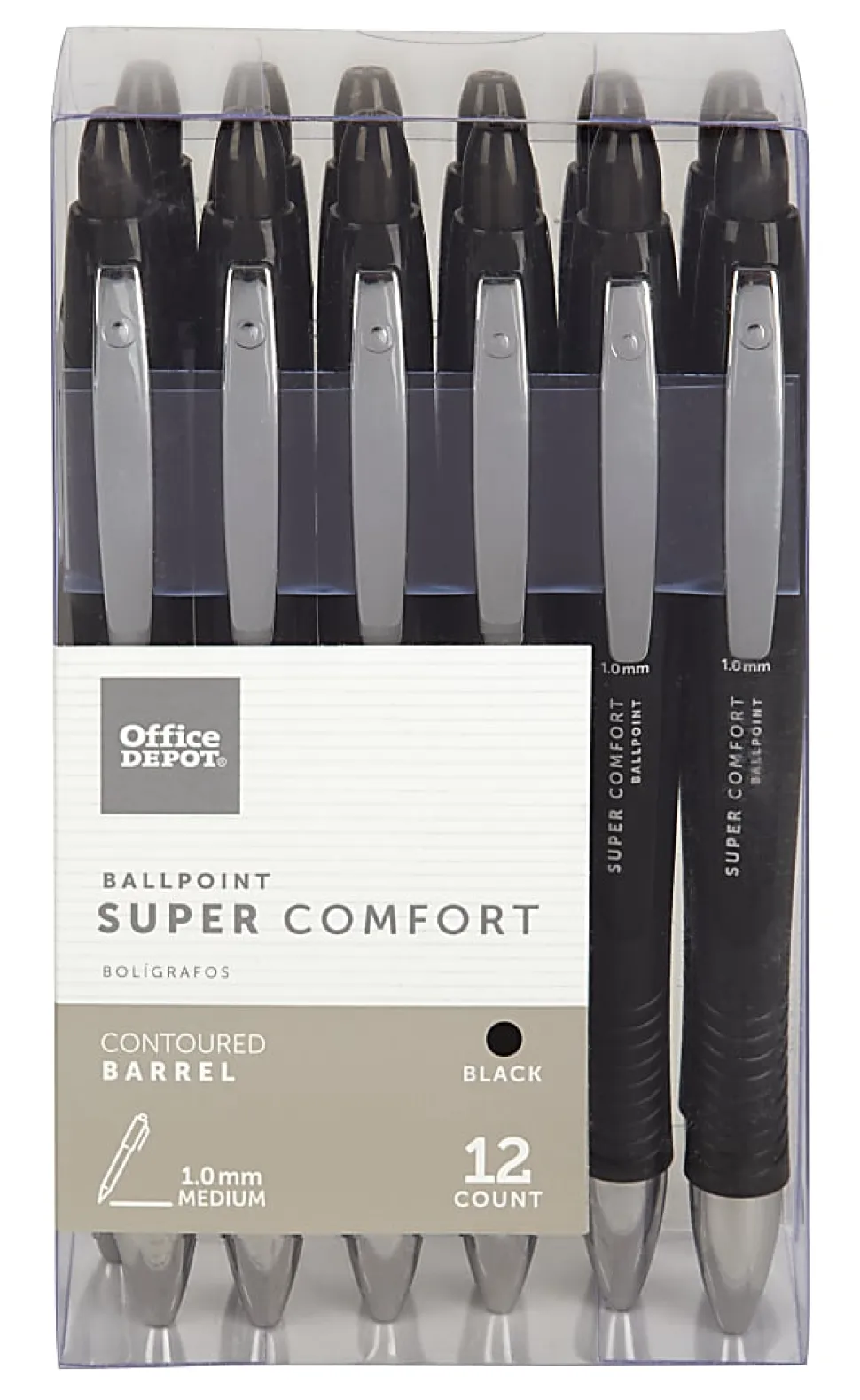 Office Depot® Brand Super Comfort Grip Retractable Ballpoint Pens, Medium Point, 1.0 mm, Black Barrel, Black Ink, Pack Of 12
