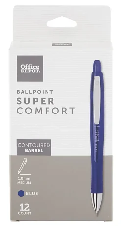 Office DepotĀ® Brand Super Comfort Grip Retractable Ballpoint Pen, Medium Point, 1.0 mm, Blue Barrel, Blue Ink, Pack Of 12