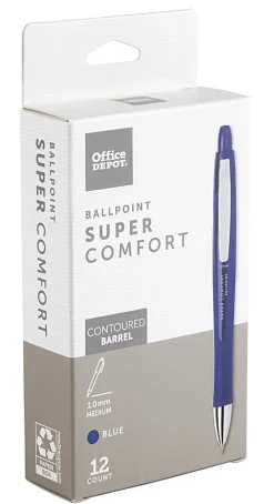 Office Depot® Brand Super Comfort Grip Retractable Ballpoint Pen, Medium Point, 1.0 mm, Blue Barrel, Blue Ink, Pack Of 12