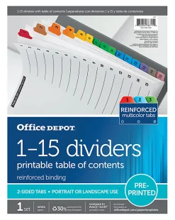 Office Depot® Brand Table Of Contents Customizable Index With Preprinted Tabs, Assorted Colors, Numbered 1-15