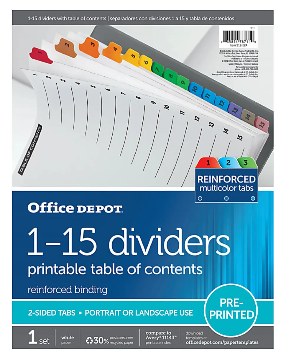 Office Depot® Brand Table Of Contents Customizable Index With Preprinted Tabs, Assorted Colors, Numbered 1-15