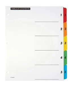 Office Depot® Brand Table Of Contents Customizable Index With Preprinted Tabs, Multicolor, Numbered 1-5, Pack Of 6 Sets
