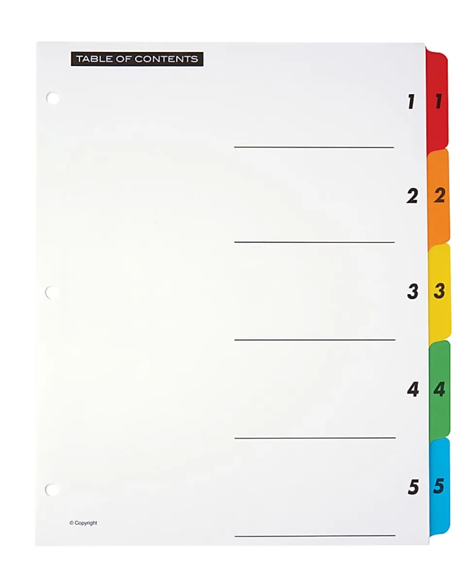Office Depot® Brand Table Of Contents Customizable Index With Preprinted Tabs, Multicolor, Numbered 1-5, Pack Of 6 Sets