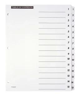 Office Depot® Brand Table Of Contents Customizable Index With Preprinted Tabs, White, Numbered 1-15