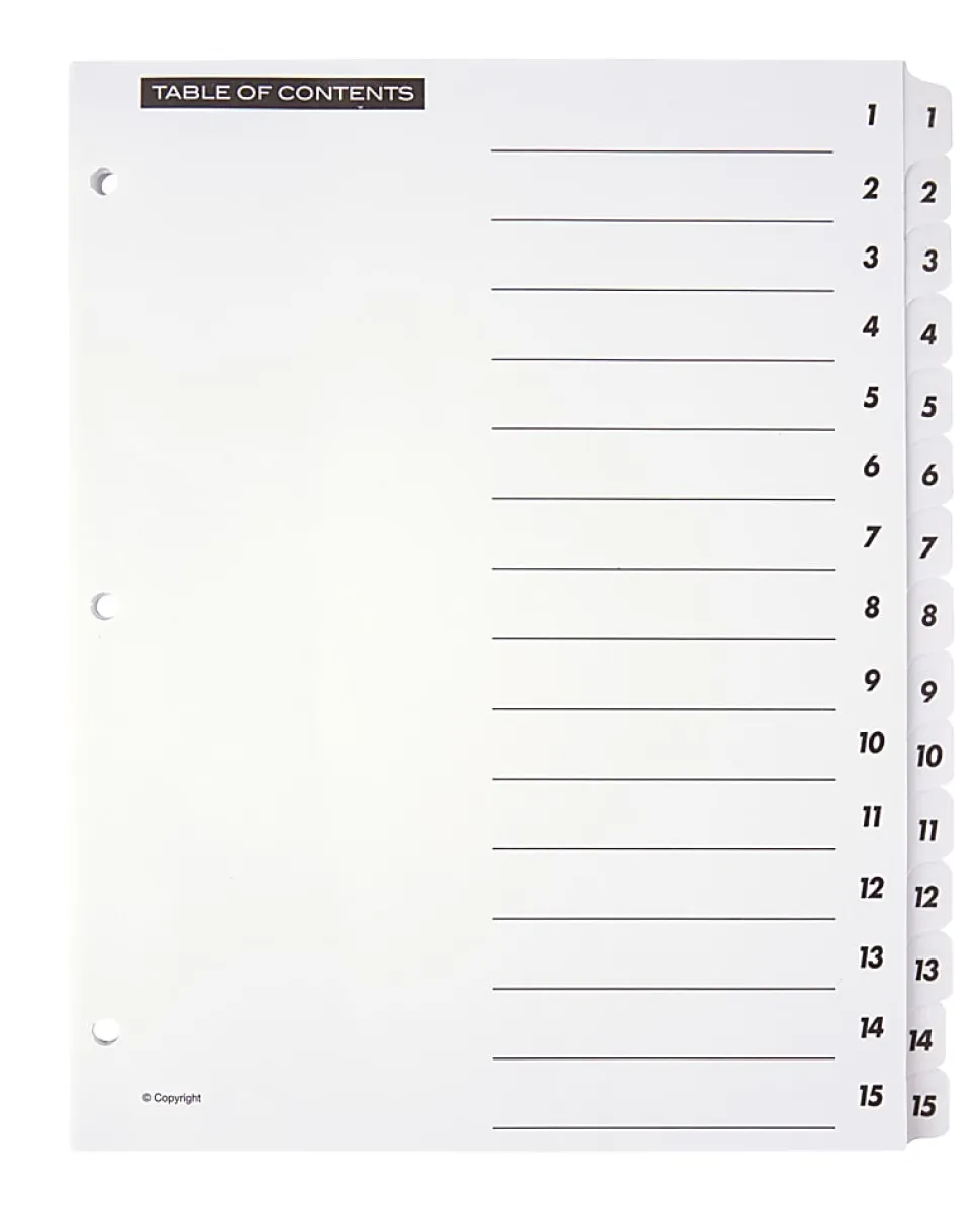 Office Depot® Brand Table Of Contents Customizable Index With Preprinted Tabs, White, Numbered 1-15