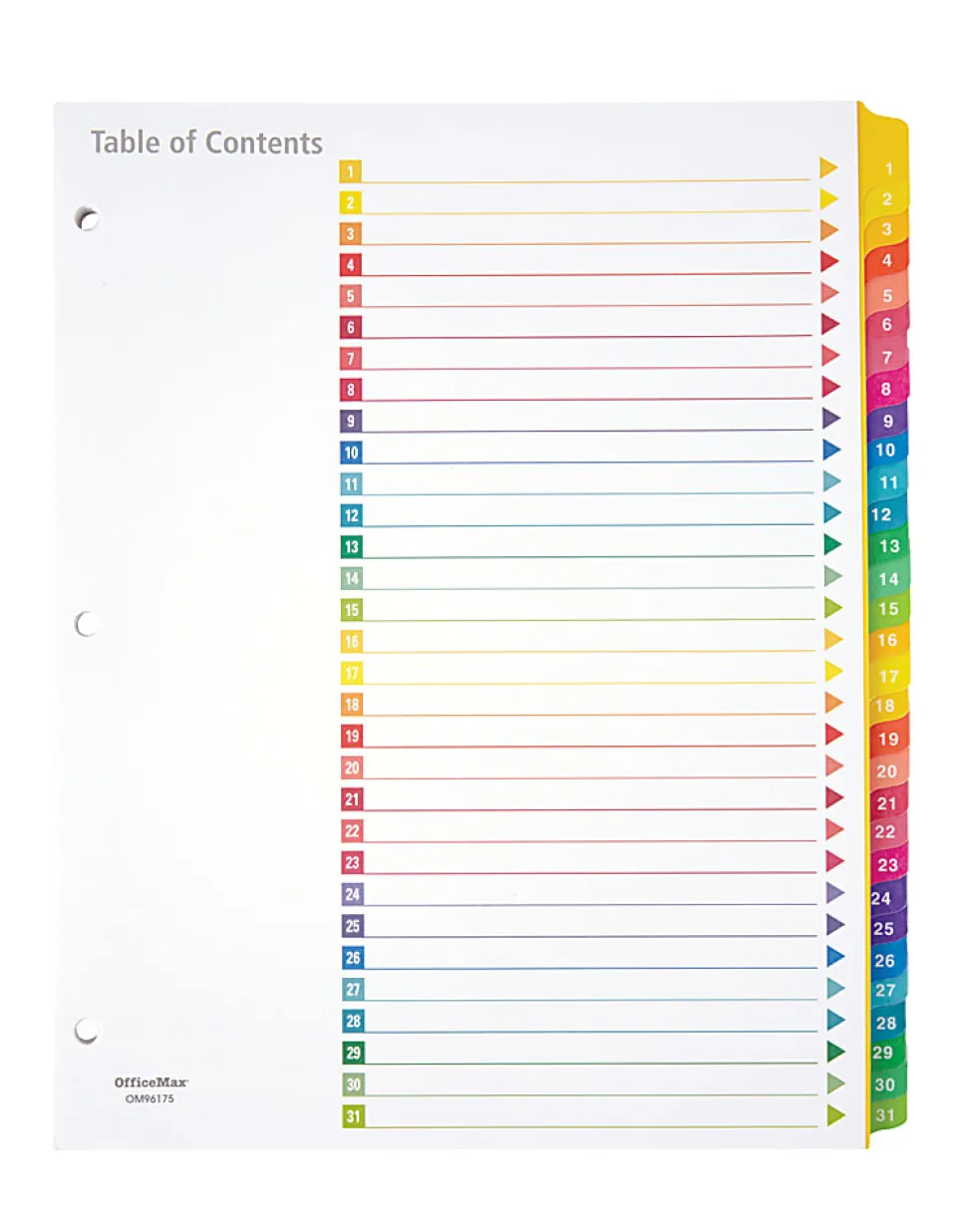 Office Depot® Brand Table Of Contents Customizable Index With Preprinted Tabs, Multicolor, Numbered 1-31