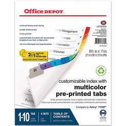 Office Depot® Brand Table Of Contents Customizable Index With Preprinted Tabs, Multicolor, Numbered 1-10, Pack Of 6 Sets