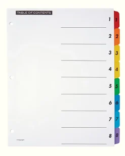 Office Depot® Brand Table Of Contents Customizable Index With Preprinted Tabs, Multicolor, Numbered 1-8, Pack Of 6 Sets