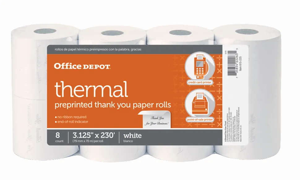 Office Depot® Brand Thermal Preprinted "Thank You" Paper Rolls, 3-1/8" x 230', White, Pack Of 8
