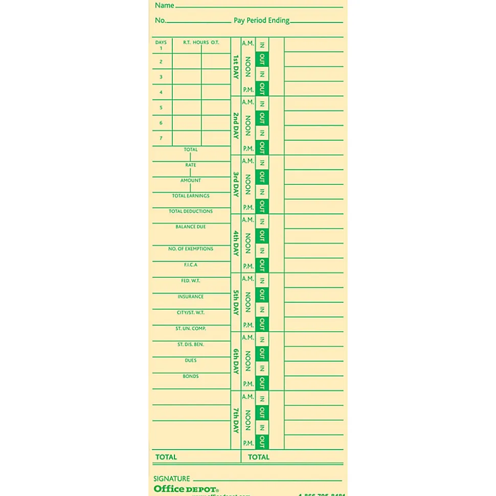 Office Depot® Brand Time Cards With Deductions, Weekly, Days 1–7, 2-Sided, 3 3/8" x 8 7/8", Manila, Pack Of 100