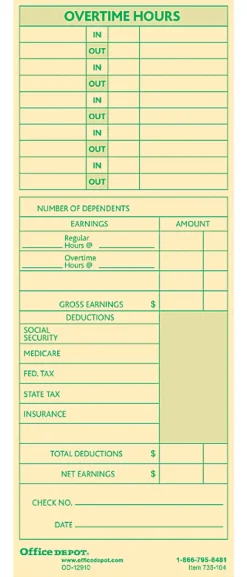 Office Depot® Brand Time Cards With Deductions, Weekly, Monday–Sunday Format, 2-Sided, 3 3/8" x 8 7/8", Manila, Pack Of 100