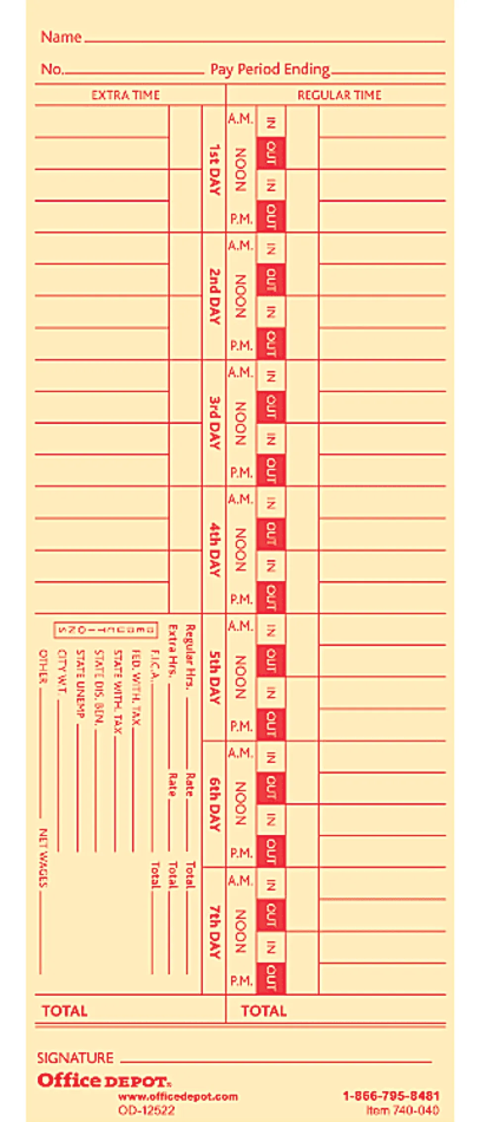 Office Depot® Brand Time Cards, Biweekly, Days 1–7, 2-Sided, 3 3/8" x 8 7/8", Manila, Pack Of 100