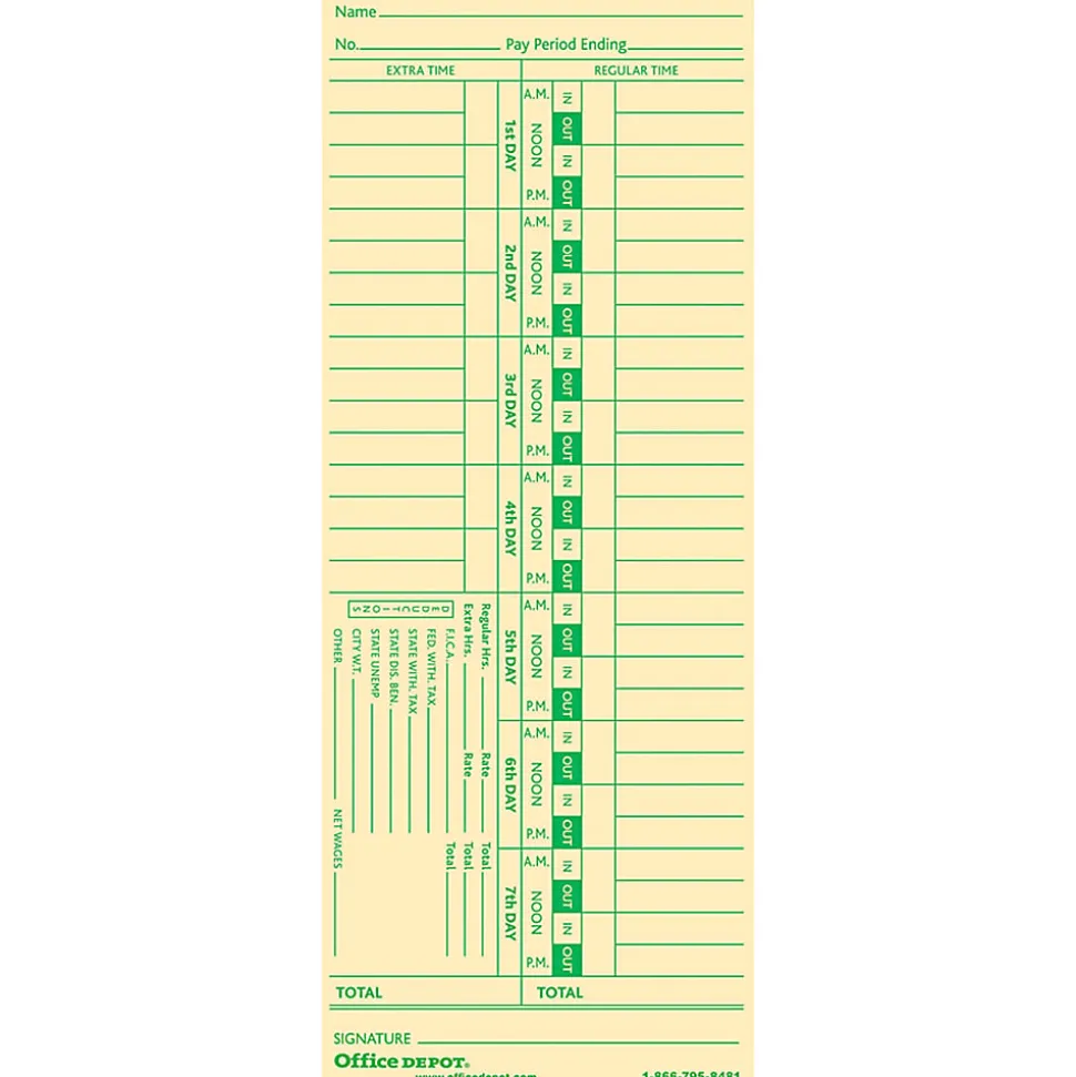 Office Depot® Brand Time Cards, Biweekly, Days 1–7, 2-Sided, 3 3/8" x 8 7/8", Manila, Pack Of 100