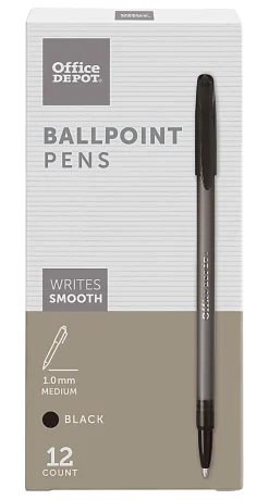 Office DepotĀ® Brand Tinted Ballpoint Stick Pens, Medium Point, 1.0 mm, Black Barrel, Black Ink, Pack Of 12