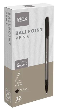Office Depot® Brand Tinted Ballpoint Stick Pens, Medium Point, 1.0 mm, Black Barrel, Black Ink, Pack Of 12