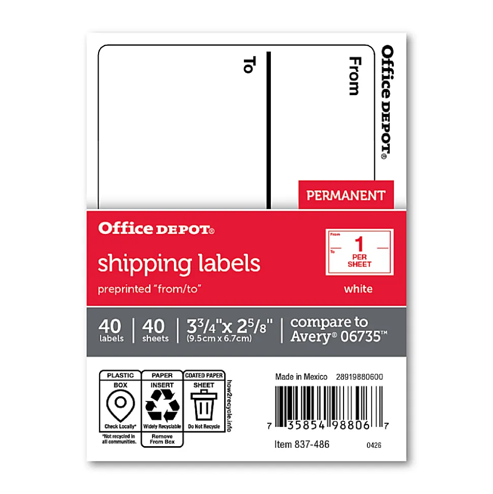 Office Depot® Brand To/From Shipping Label Pad, OD98806, Rectangle, 3 3/4" x 2 5/8", White, Pack Of 40