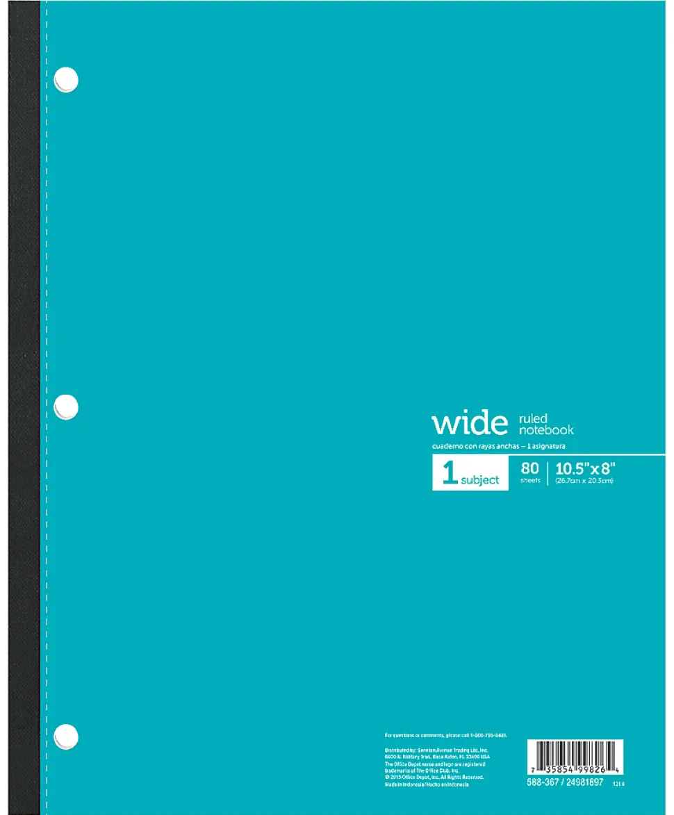 Office Depot® Brand Wireless Notebook, 8" x 10-1/2", Wide Ruled, 80 Sheets, Assorted Colors