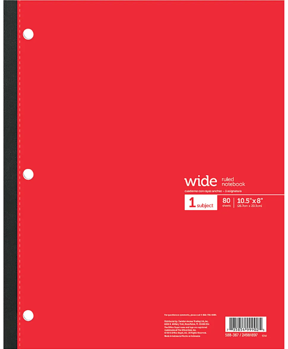 Office Depot® Brand Wireless Notebook, 8" x 10-1/2", Wide Ruled, 80 Sheets, Assorted Colors