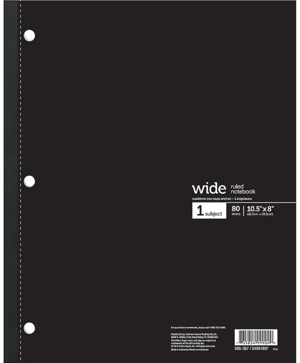 Office Depot® Brand Wireless Notebook, 8" x 10-1/2", Wide Ruled, 80 Sheets, Assorted Colors