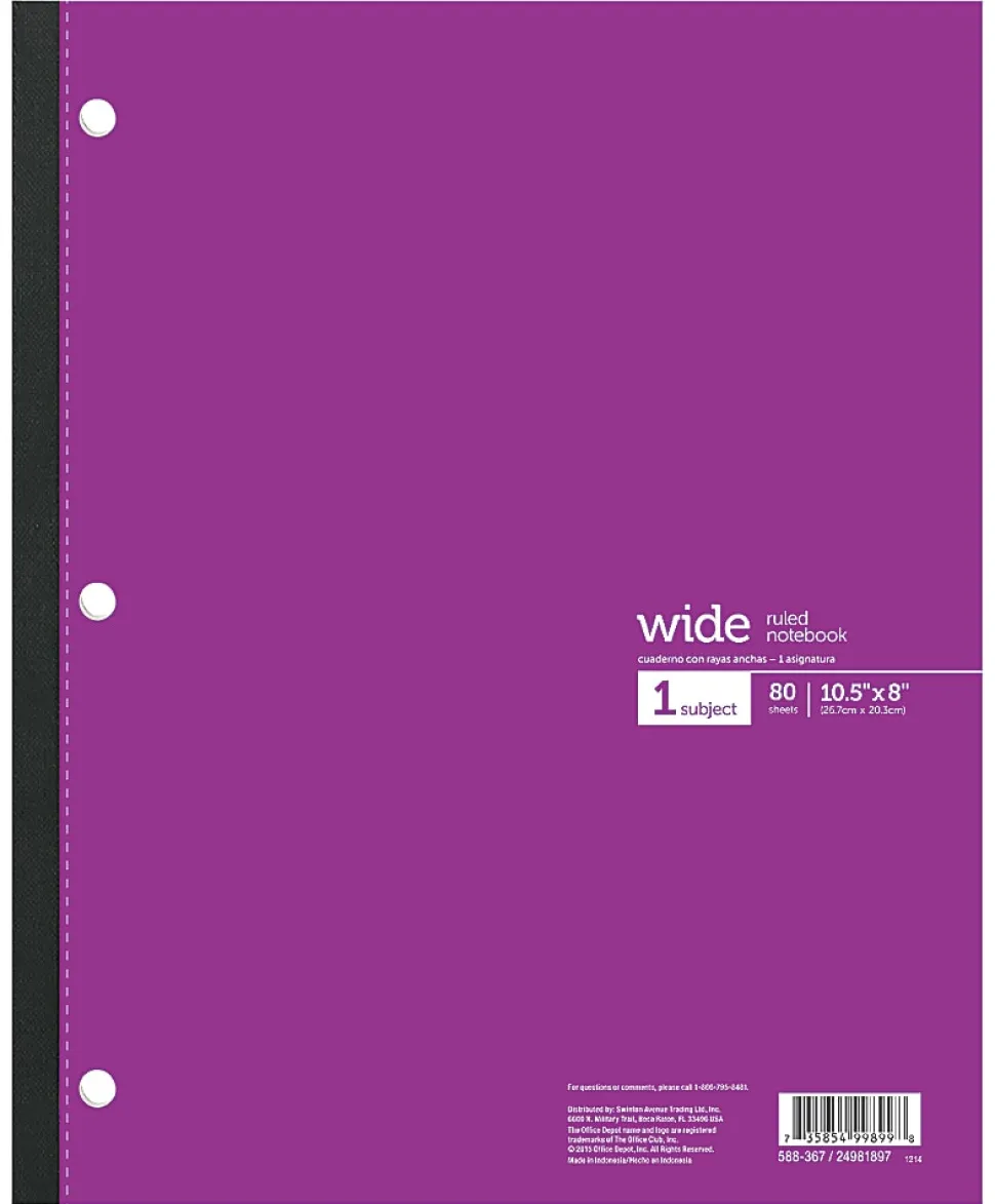 Office Depot® Brand Wireless Notebook, 8" x 10-1/2", Wide Ruled, 80 Sheets, Assorted Colors