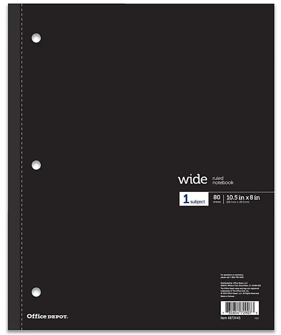Office Depot® Brand Wireless Notebook, 8" x 10-1/2", Wide Ruled, 80 Sheets, Black