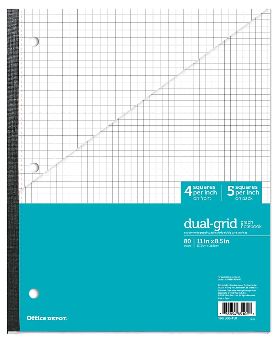 Office Depot® Brand Wireless Notebook, 8-1/2" x 11", 1 Subject, Dual-Sized Quadrille Ruled (4" x 4", 5" x 5"), 80 Sheets, Teal/White