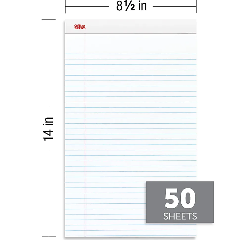 Office Depot® Brand Writing Pads, 8-1/2" x 14", Legal/Wide Ruled, 50 Sheets, White, Pack Of 12 Pads