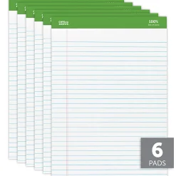 Office Depot® Brand Writing Pads, 8-1/2" x 11-3/4", Legal/Wide Ruled, 50 Sheets, 100% Recycled, White, Pack Of 6 Pads