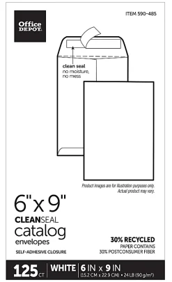 Office Depot® Brand  6" x 9" Catalog Envelopes, Clean Seal, 30% Recycled, White, Box Of 125