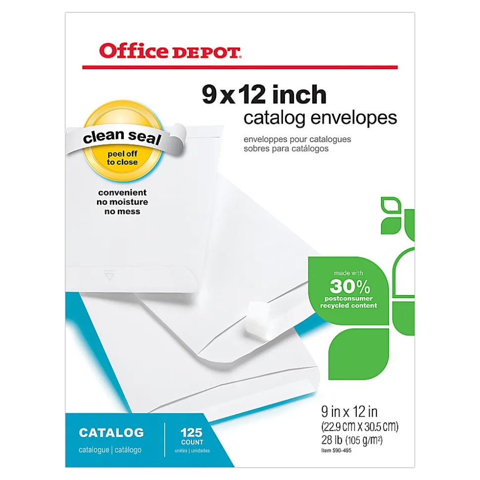 Office Depot® Brand 9" x 12" Catalog Envelopes, Clean Seal, 30% Recycled, White, Box Of 125