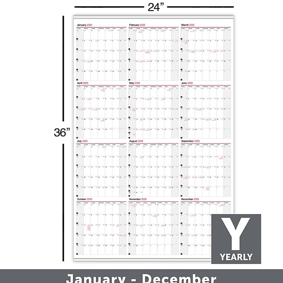 Office Depot Brand Yearly Wall Calendar, 24" x 36", White, January 2026 to December 2026, OD30142826