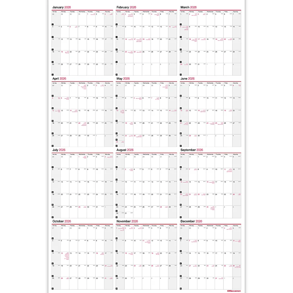 Office Depot Brand Yearly Wall Calendar, 24" x 36", White, January 2026 to December 2026, OD30142826