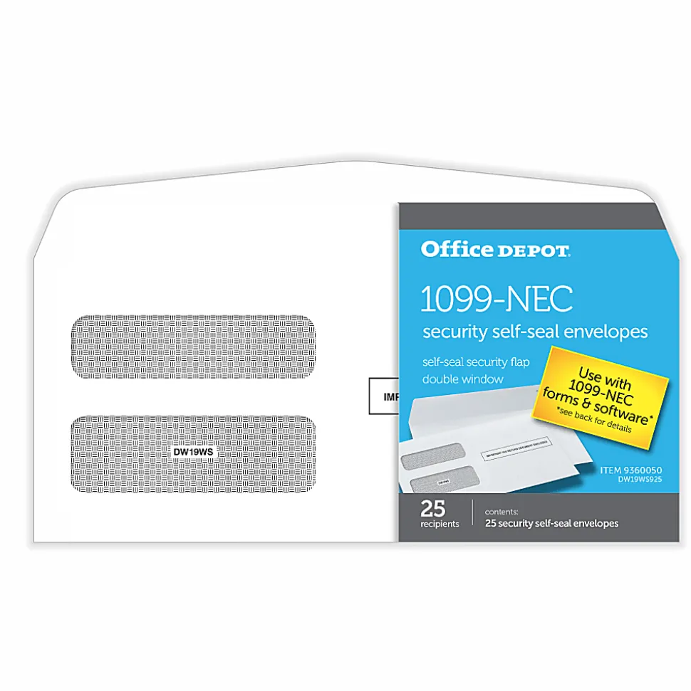 Office Depot® Double-Window Self-Seal Envelopes For 1099-NEC 3-Up Tax Forms, 8-3/8"W x 3-7/8"H, Pack Of 25 Envelopes
