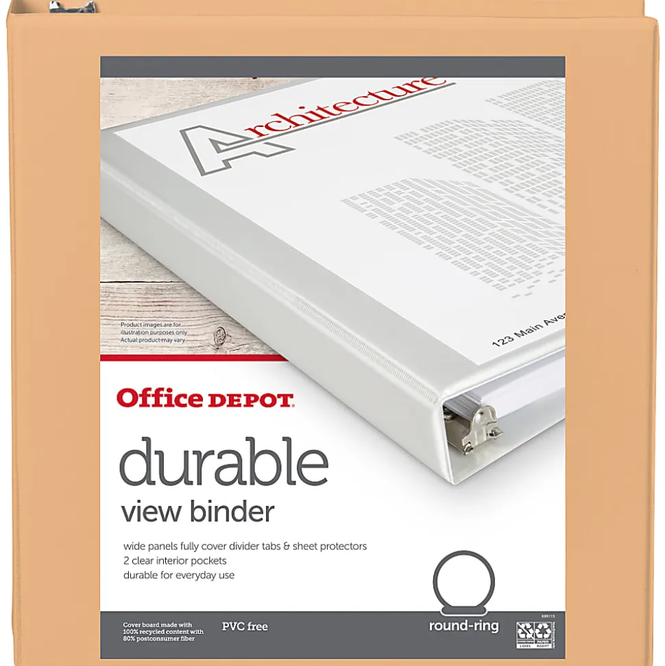 Office Depot® Durable View Binder, 1-1/2" Round Rings (275 Sheet Capacity), Peach, 1 Binder