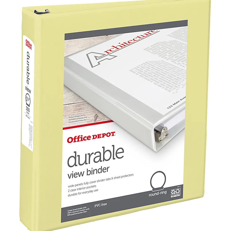Office Depot® Durable View Binder, 1-1/2" Round Rings (275 Sheet Capacity), Yellow, 1 Binder