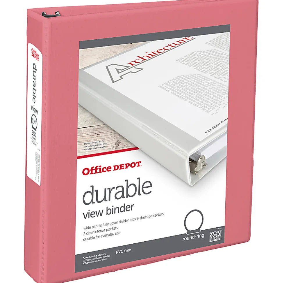 Office Depot® Durable View Binder, 1-1/2" Round Rings (275 Sheet Capacity), Coral, 1 Binder