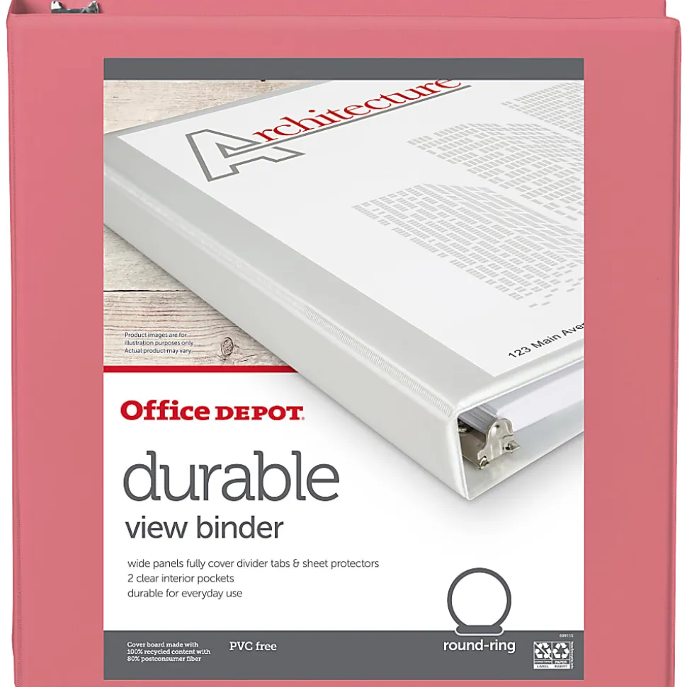 Office Depot® Durable View Binder, 1-1/2" Round Rings (275 Sheet Capacity), Coral, 1 Binder