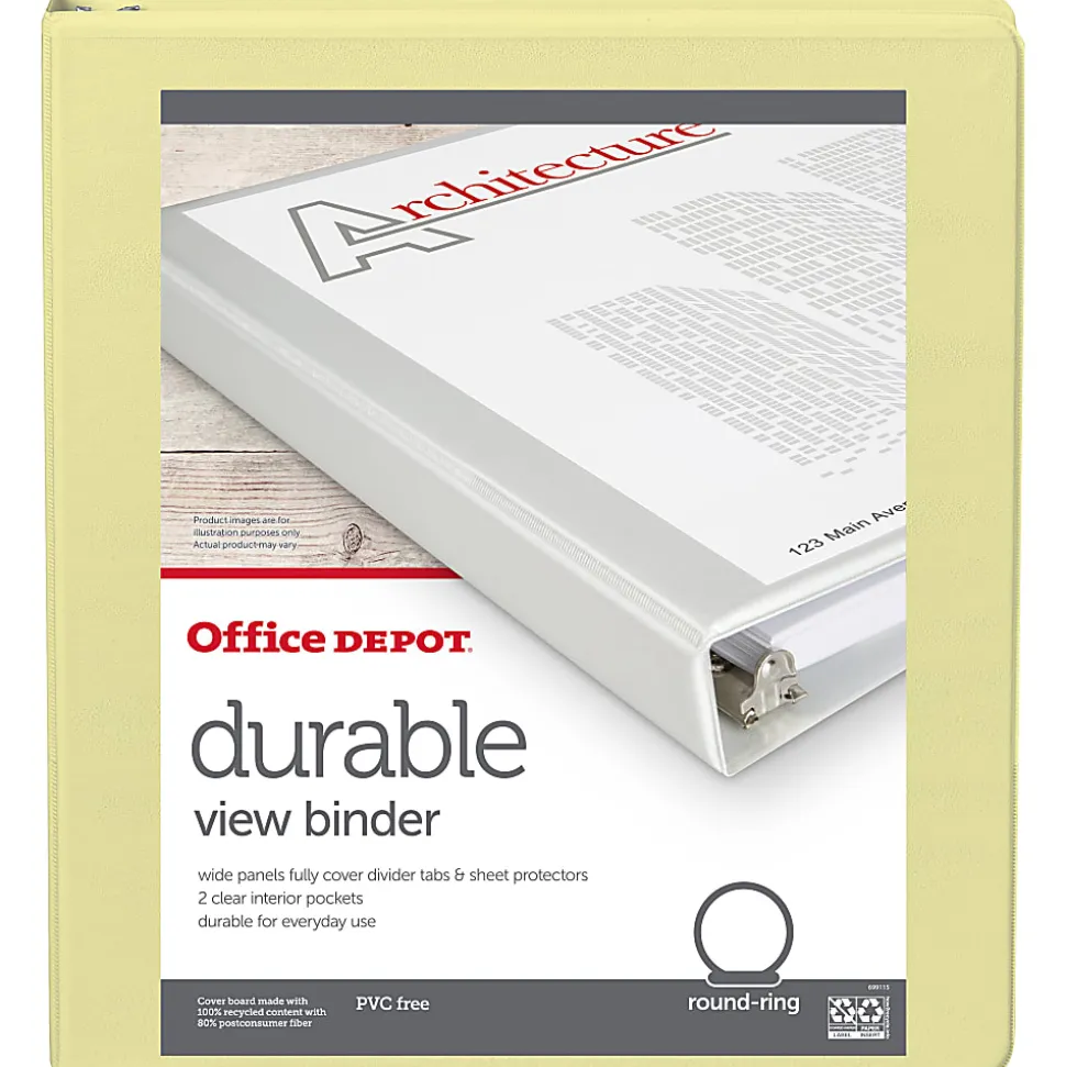 Office Depot® Durable View Binder, 1" Round Rings (175 Sheet Capacity), Yellow, 1 Binder