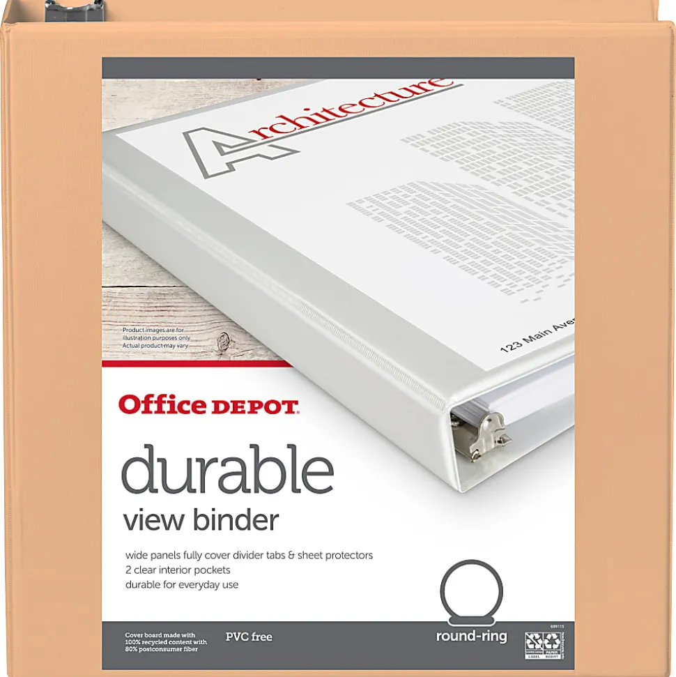 Office Depot® Durable View Binder, 2" Round Rings (375 Sheet Capacity), Peach, 1 Binder