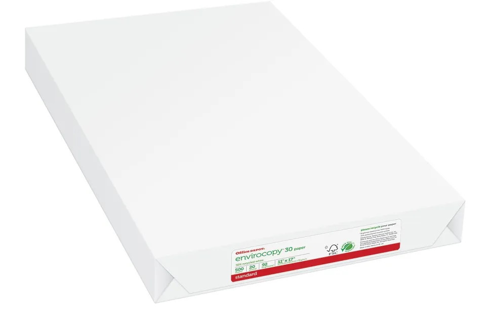 Office Depot® EnviroCopy® Copy Paper, 1 Ream, White, Ledger (11" x 17"), 500 Sheets Per Ream, 20 Lb, 92 Brightness, 30% Recycled, 651117ODEA