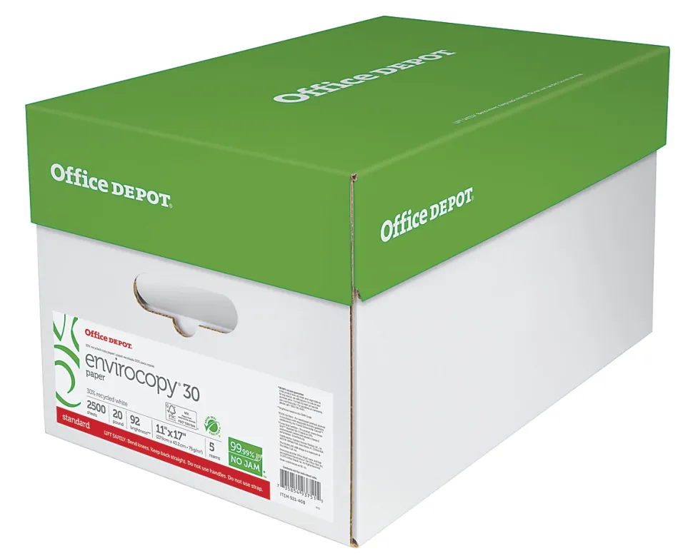 Office Depot® EnviroCopy® Copy Paper, 5 Reams, White, Ledger (11" x 17"), 2500 Sheets Per Case, 20 Lb, 30% Recycled, FSC® Certified