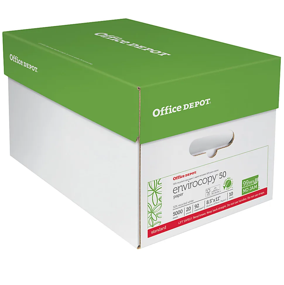Office Depot® EnviroCopy® Copy Paper, 10 Reams, White, Letter (8.5" x 11"), 5000 Sheets Per Case, 20 Lb, 50% Recycled, FSC® Certified