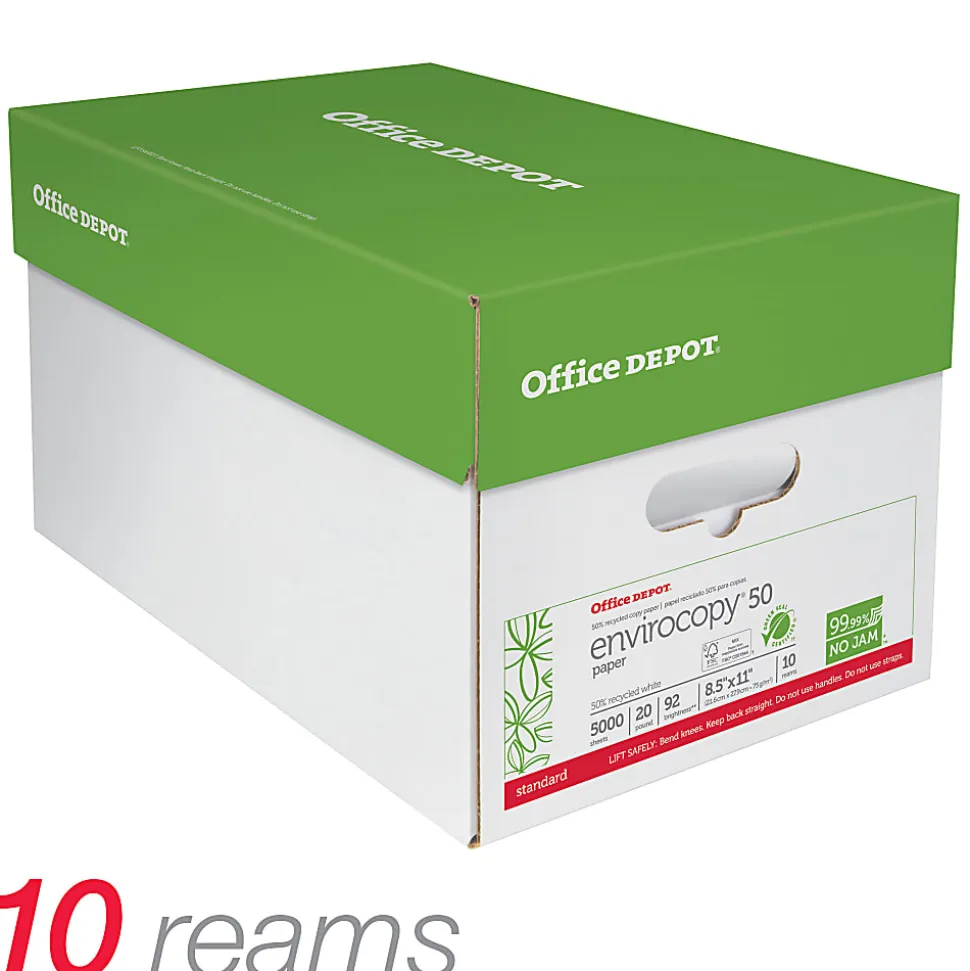 Office Depot® EnviroCopy® Copy Paper, 10 Reams, White, Letter (8.5" x 11"), 5000 Sheets Per Case, 20 Lb, 50% Recycled, FSC® Certified