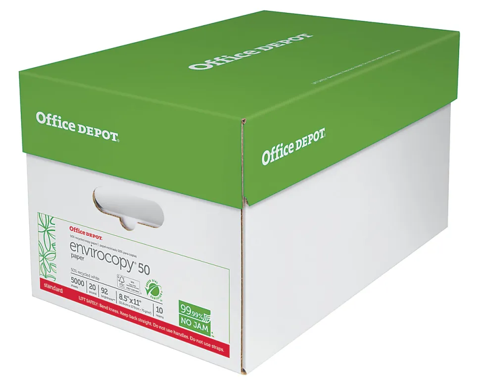 Office Depot® EnviroCopy® Copy Paper, 10 Reams, White, Letter (8.5" x 11"), 5000 Sheets Per Case, 20 Lb, 50% Recycled, FSC® Certified