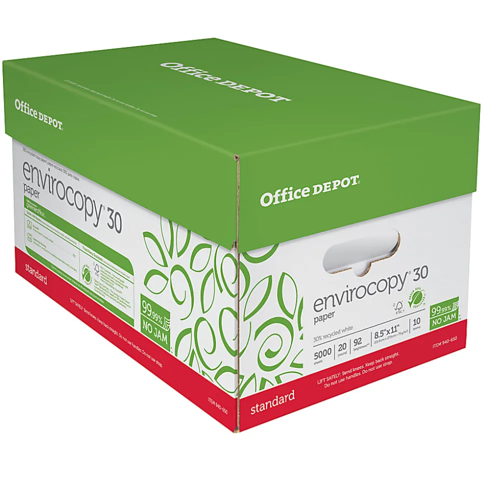 Office Depot® EnviroCopy® Copy Paper, 10 Reams, White, Letter (8.5" x 11"), 5000 Sheets Per Case, 20 Lb, 30% Recycled, FSC® Certified, 651001OD