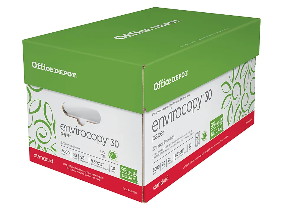 Office Depot® EnviroCopy® Copy Paper, 10 Reams, White, Letter (8.5" x 11"), 5000 Sheets Per Case, 20 Lb, 30% Recycled, FSC® Certified, 651001OD